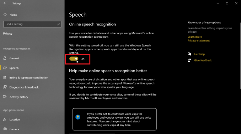 online speech recognition setting in Windows 10